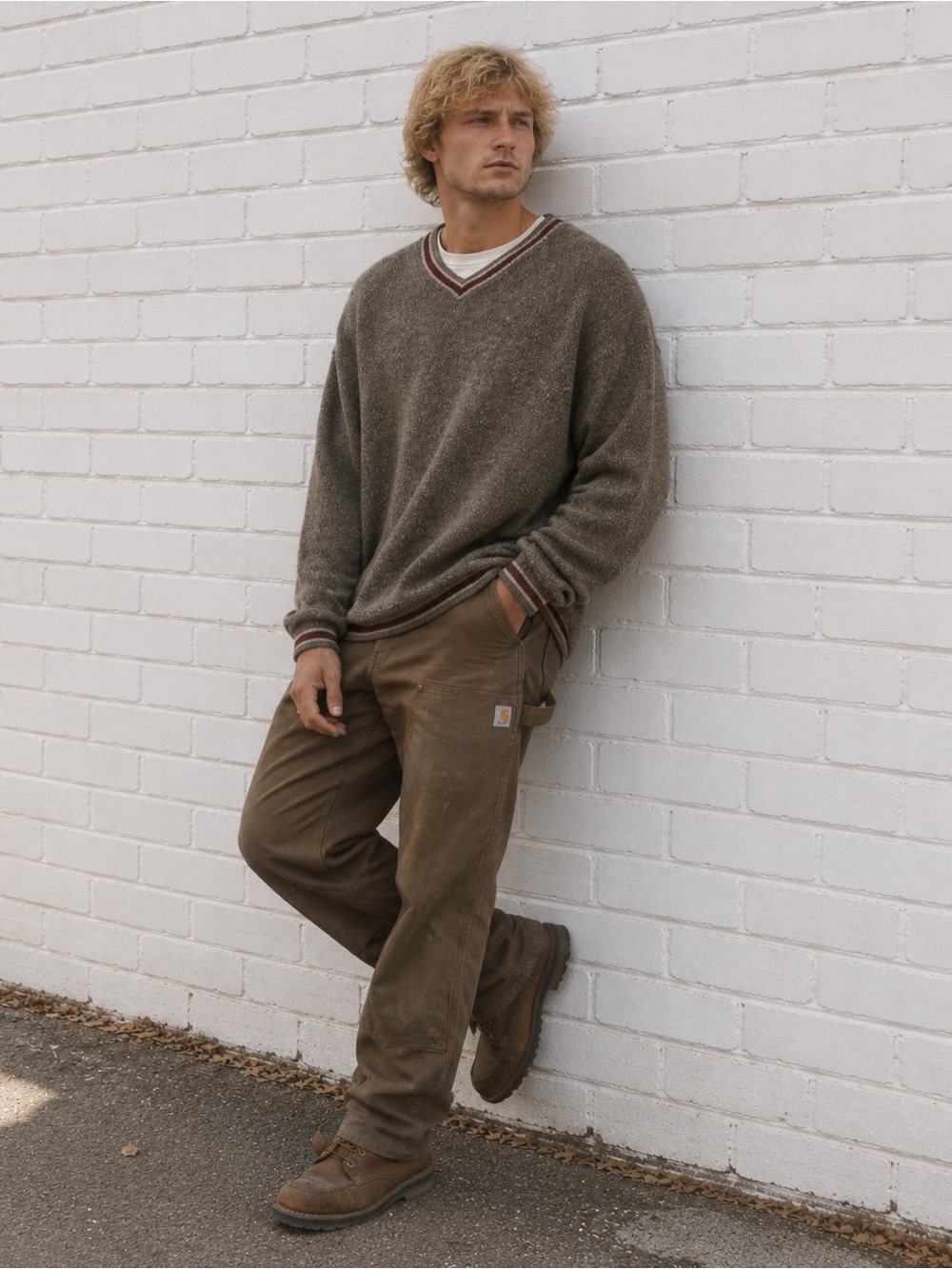Vintage Mens XL Grandpa Grunge Sweater Salt Pepper V-Neck Slouchy 90s Knit Wool - Picture 2 of 10